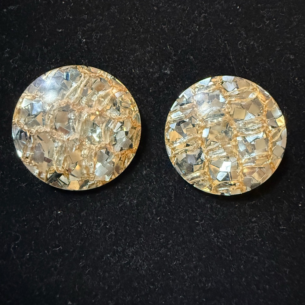 Vintage Lucite Confetti Clip-On Silver Mosaic Earrings
